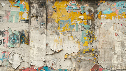 Grunge Urban Wall A weathered and graffiti-covered urban wall with layers of peeling paint cracked concrete and scattered debris reflecting the gritty and eclectic atmosphere of the city streets.