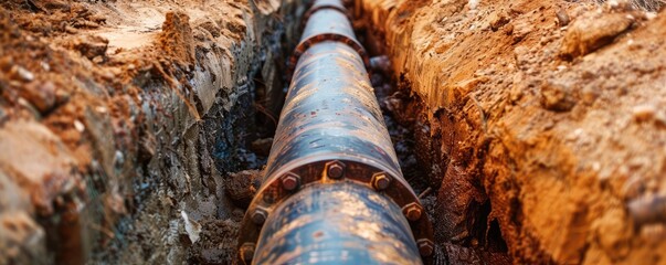 Obraz premium Detail of iron piping laid in an excavated trench in the ground.