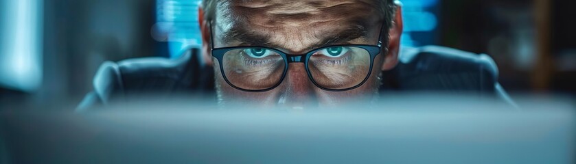 Businessman staring intensely at a laptop screen showing a system hack warning, isolated on white