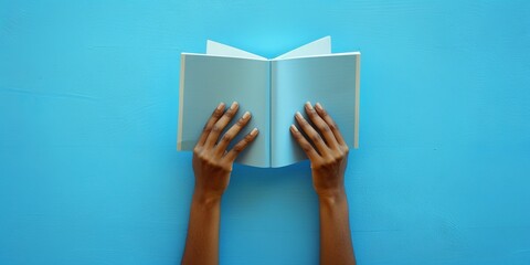 Person reading a blank open book on a blue background