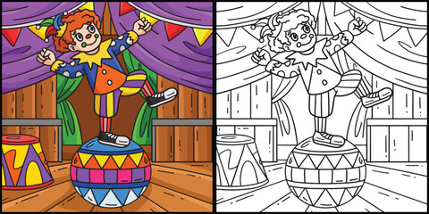 Circus Clown On Ball Coloring Colored Illustration