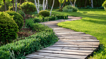 Wooden path in the park or backyard with green lawn, trees and bushes