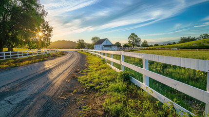 Fototapeta premium Road in countryside along a white fence with a house in the background