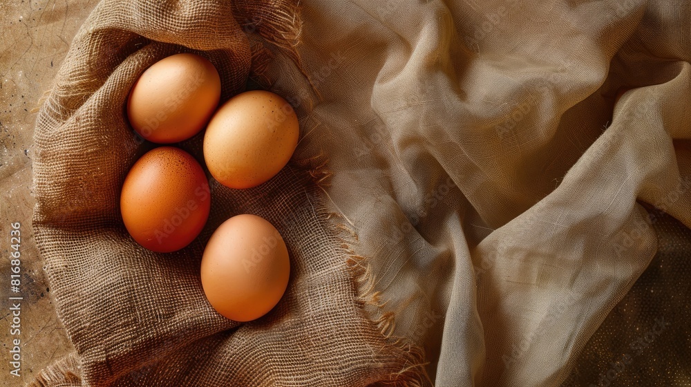 Poster eggs from chickens displayed on a brown fabric with space for text