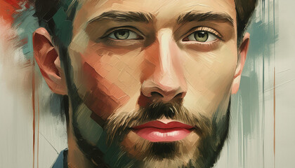 Oil painting of handsome man face. Brush strokes. Male beauty. Abstract hand drawn art.