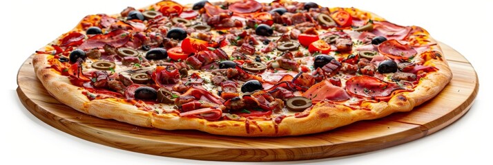 Meat Mix Pizza with Parma Ham, Sausages, Shish Kebab, Bacon, Olives, Tomato Sauce, Mozzarella