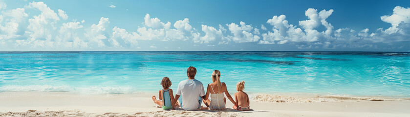 A family enjoys a bonding moment while constructing a sandcastle on a sunny tropical beach with...