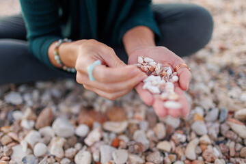 girl sits on the beach and collects various shells in her hand. girl's hands with shells close-up.