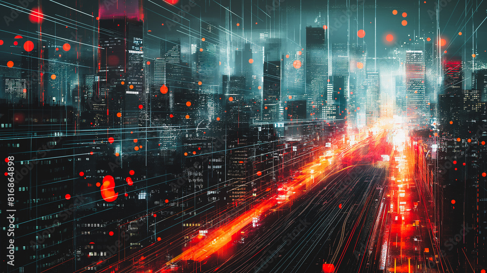 Poster a cityscape with a red line running through it