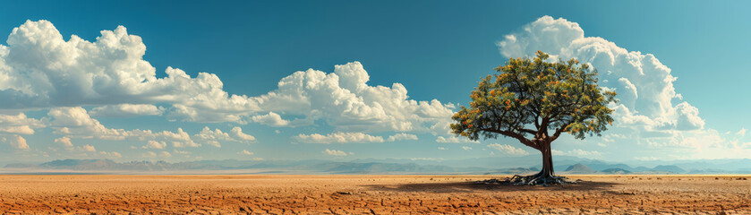 Obraz premium Single green tree stands resilient amidst a vast cracked earth terrain under a sky with fluffy clouds, depicting drought and hope.
