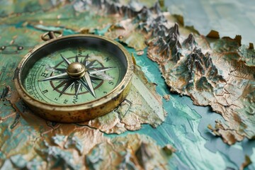 Closeup of an antique compass atop a 3d topographic map, symbolizing exploration and adventure