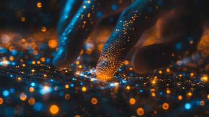 A hand is shown in a black and orange background with a lot of glowing dots