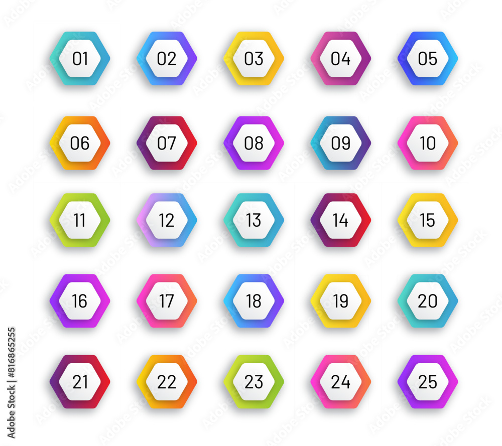 Poster 3d arrow number bullet points from 1 to 25. hexagon shapes with shadow