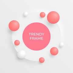 Realistic 3d frame. White and pink circle stage with bouncing balls. Abstract geometric vector background