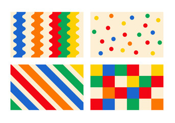 Retro colored geometric abstract background set. Fun childish banner collection
