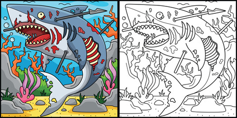 Zombie Shark Coloring Page Colored Illustration
