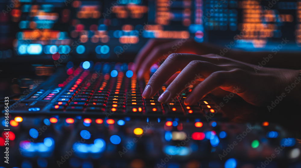 Poster a person is typing on a keyboard with a colorful background