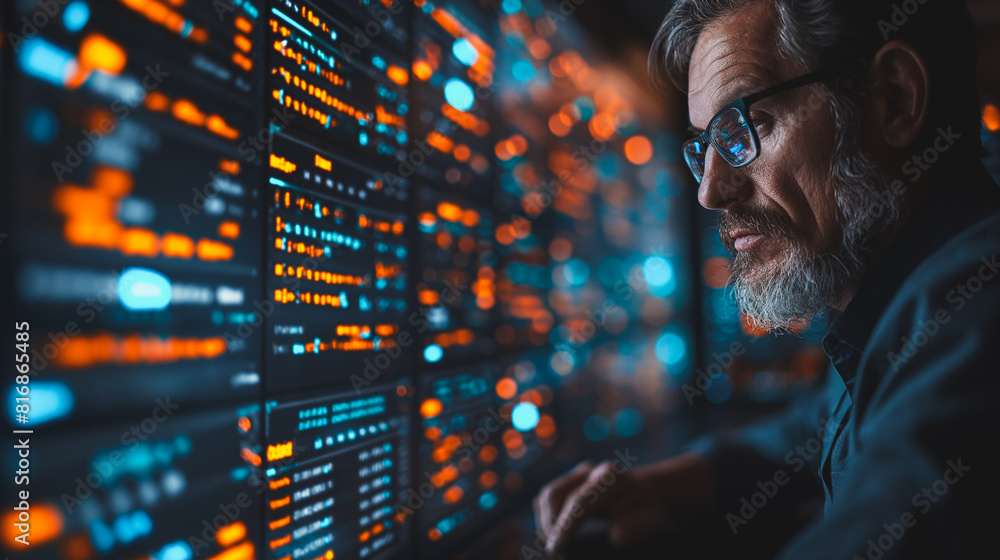 Poster a man is looking at a computer screen with many numbers and letters on it