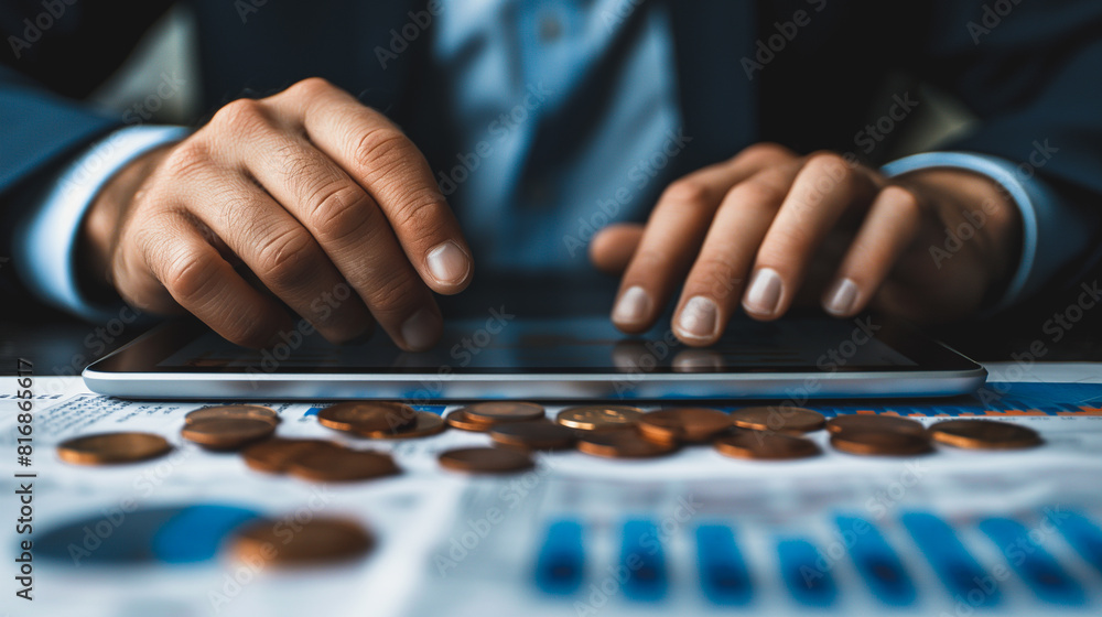 Poster a man is typing on a tablet with a pile of coins on the table