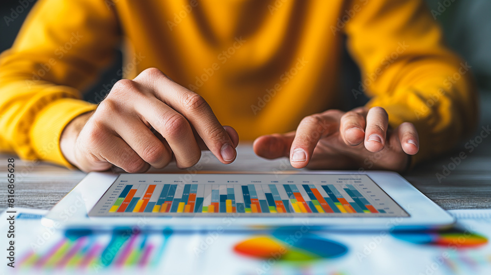 Poster a person is using a tablet to look at a graph