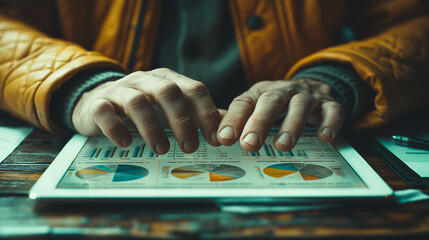 A person is using a tablet to look at graphs