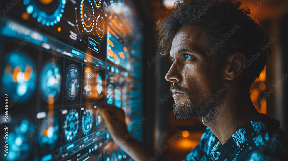 Poster A man is looking at a computer screen with a lot of numbers and graphs
