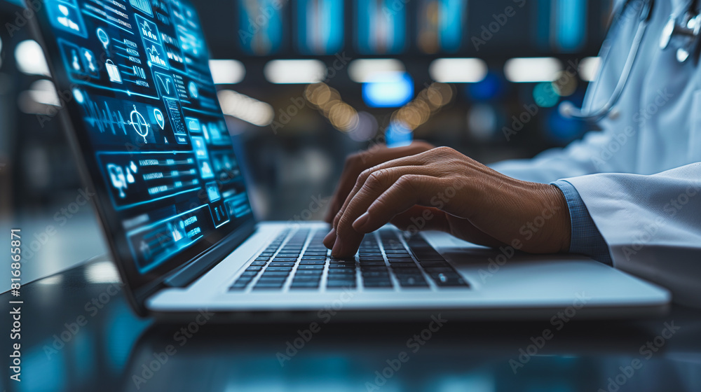 Aufkleber a person is typing on a laptop with a screen displaying a lot of data