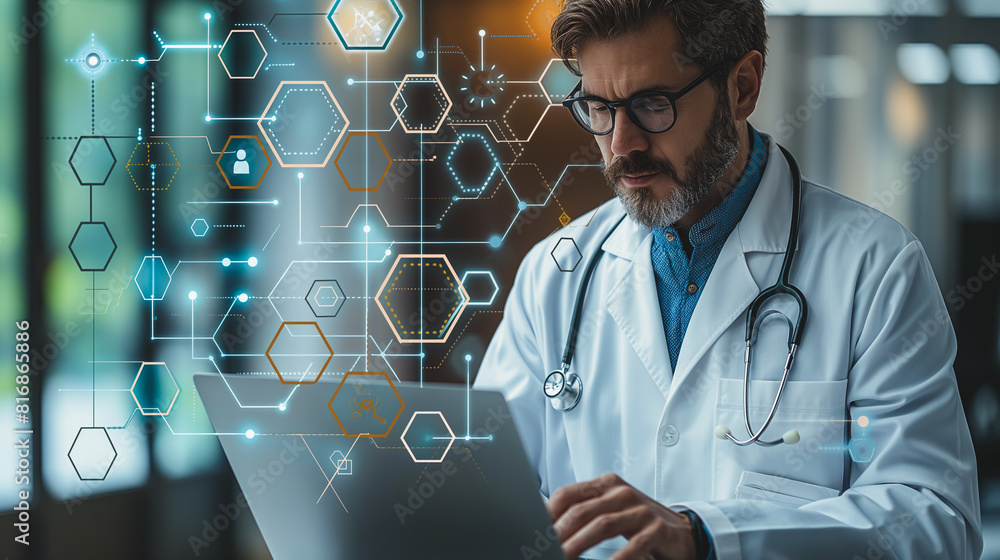 Poster a man in a white lab coat is looking at a computer screen with a complex network