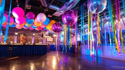 A vibrant indoor party venue decorated with colorful balloons, ribbons, and large disco balls, illuminated by dynamic lighting. The setting includes a bar adorned with lights and decorations.