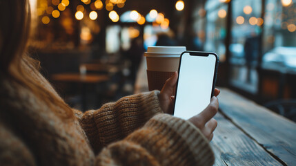 A woman is sitting at a table with a white phone in her hand