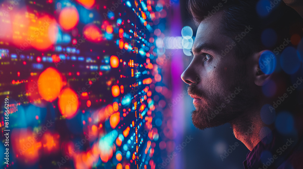 Poster a man is looking at a computer screen with a colorful background