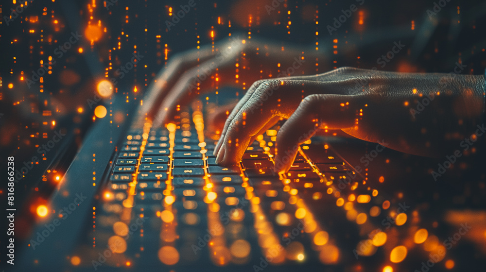 Poster a person is typing on a keyboard with a glowing effect