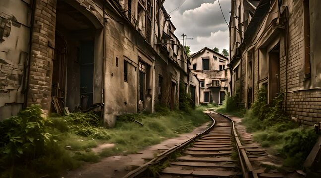 A desolate urban alley featuring an overgrown railroad track surrounded by dilapidated buildings, evoking a sense of abandonment and decay.
