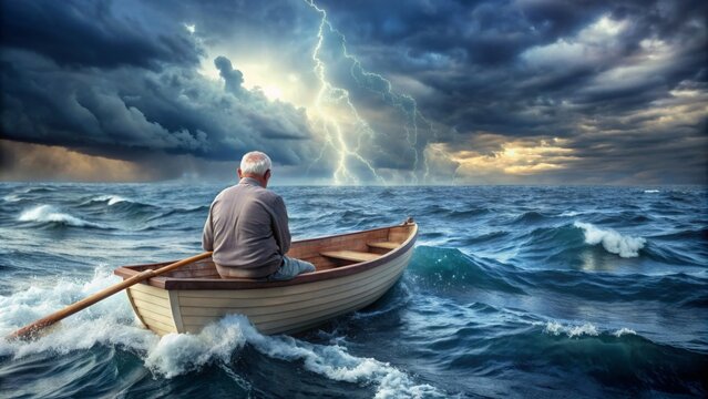 Lonely old man sitting in rowboat on stormy ocean with lightning in the sky