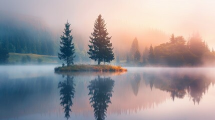 Trees Reflected in Misty Lake