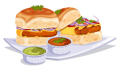 Bun Kebabs with Imli & Green Chutney - Pakistani Street Food Vector Illustration 