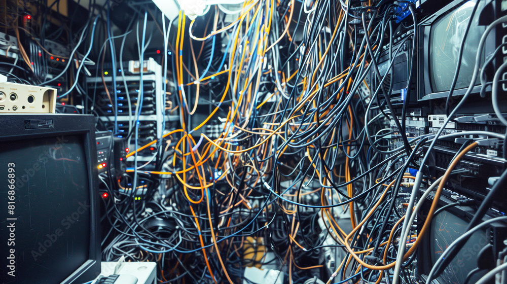 Canvas Prints A detailed view of a chaotic server room with tangled wires and vintage electronics.