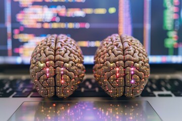 Two 3d brain models on a laptop keyboard with colorful programming code overlay