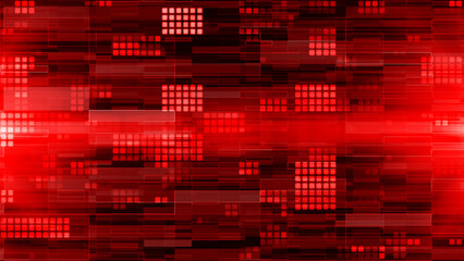 Red mosaic background in technology concept. Abstract red LED squares and particles. Technology digital square red color background. Bright pixel grid background. 3D rendering