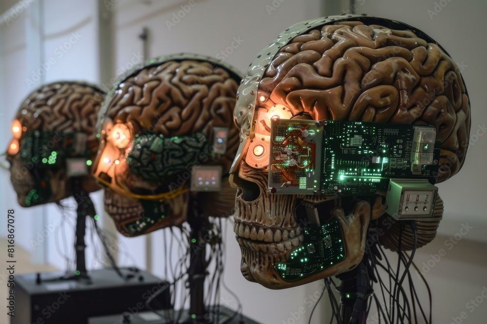 Poster three advanced ai brain models with glowing circuitry on display, showcasing neural network technolo