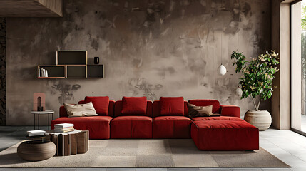 modern living room with red sofa