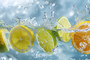 Oranges and lemons being splashed with water