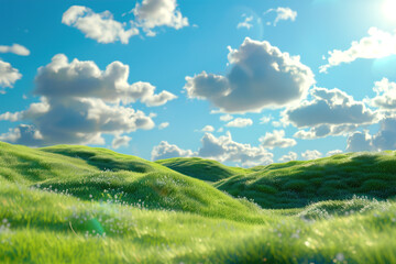 Green grassy field with clouds in the sky