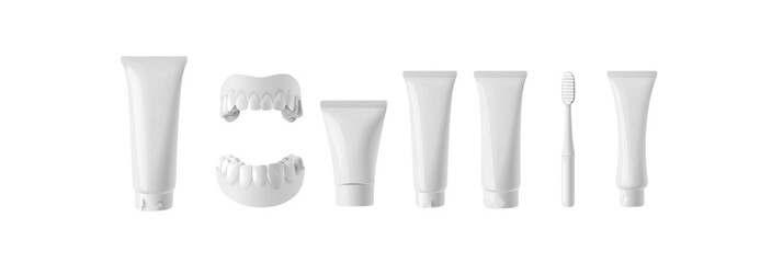 White Toothpaste Tubes Isolated on White Background - Horizontal Arrangement