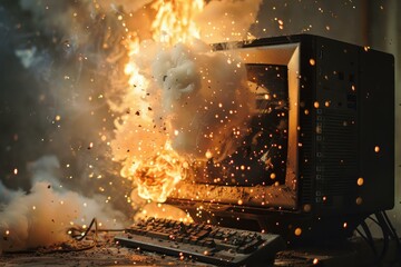 Dangerous computer overheating situation leading to catastrophic explosion and fire hazard in the workplace