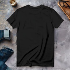 black t-shirt mockup on the floor , black t-shirt template flat lay