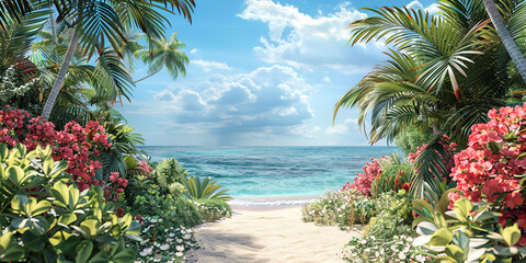 Pathway leading to the ocean with palm trees and flowers