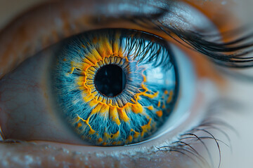 A close up of a person's eye with a blue iris and yellow highlights