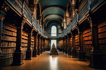 Fototapeta premium A grand library overflowing with countless books on shelves, creating a sea of literature. Generative AI