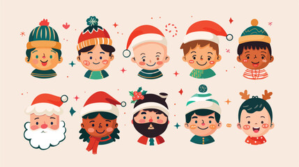 Cute cartoon heads christmas set style vector